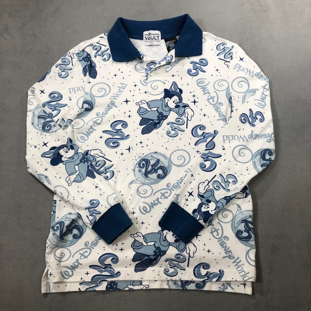 Disney Vault Collection Polo Mens Small White Blue AOP Sorcerer Mickey 25th